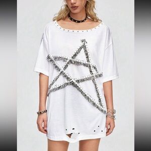 Blvck Paris- Oversized studded- frayed pentacle ripped style shirt/ dress- Sz Lg